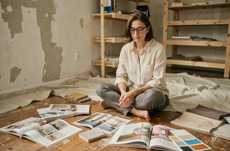 Femme consultant des magazines de décoration intérieure entourée d'échantillons de peinture dans une pièce en cours de rénovation