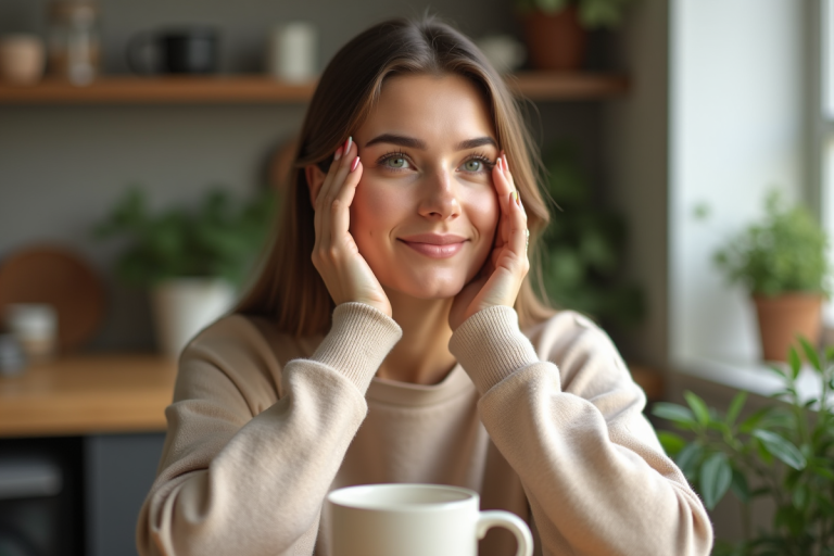 Femme souriante avec ongles pastel et nail art minimaliste