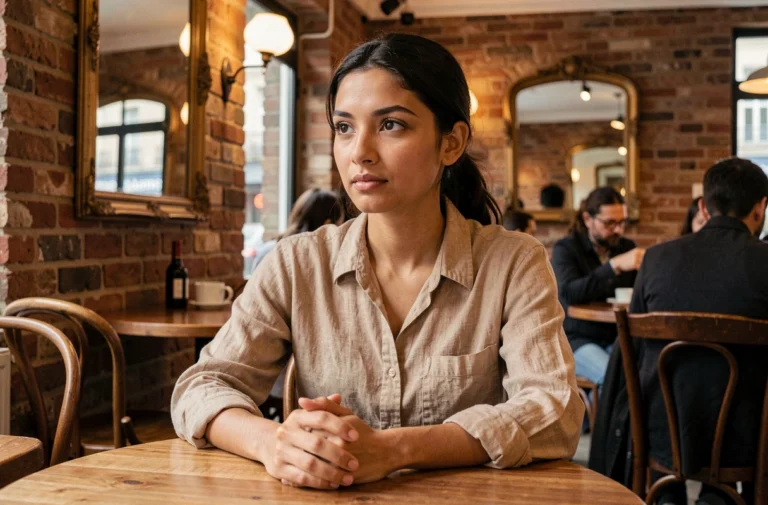 Femme métisse élégante assise dans un café parisien, regard pensif évoquant la richesse des origines culturelles mixtes