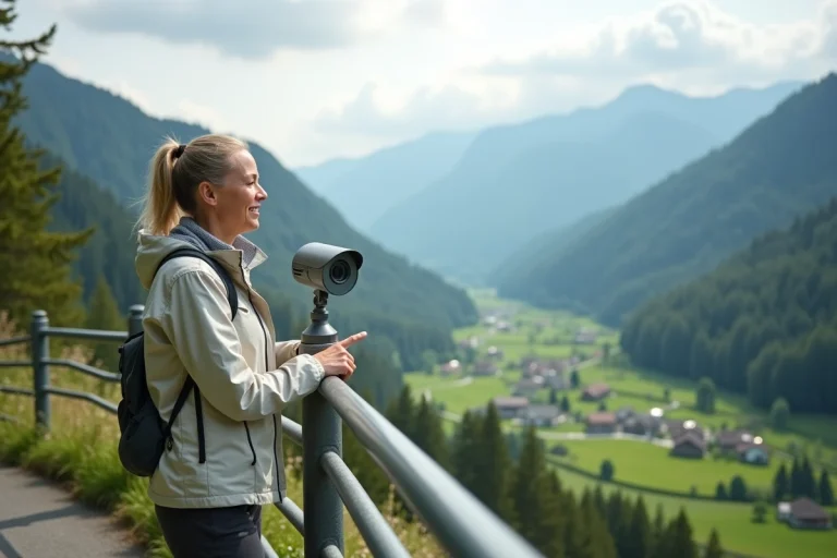 Femme pointant vers le panorama du Pilat en nature
