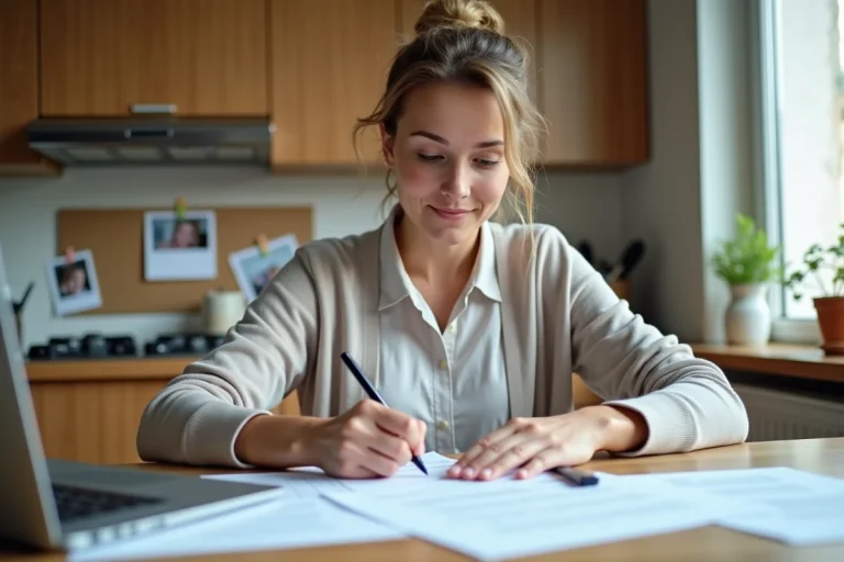 Femme organisée remplissant des papiers administratifs dans une cuisine lumineuse