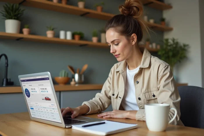 Femme planifiant ses trajets BlaBlaCar sur ordinateur portable à domicile pour augmenter ses revenus de covoiturage