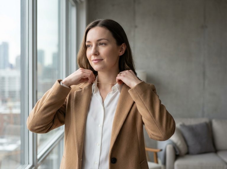 Femme élégante portant un collier en or dans un intérieur moderne