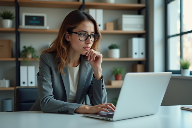 Jeune femme professionnelle compare deux laptops modernes