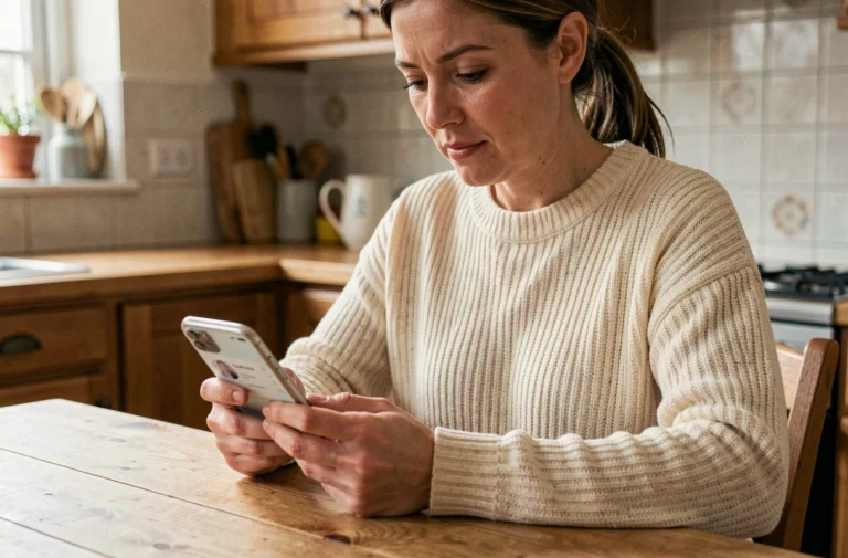 Femme cherchant un médecin disponible sur une application mobile depuis sa cuisine