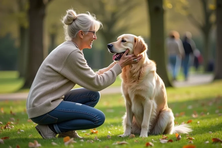 Femme et chien retriever dans un parc calme