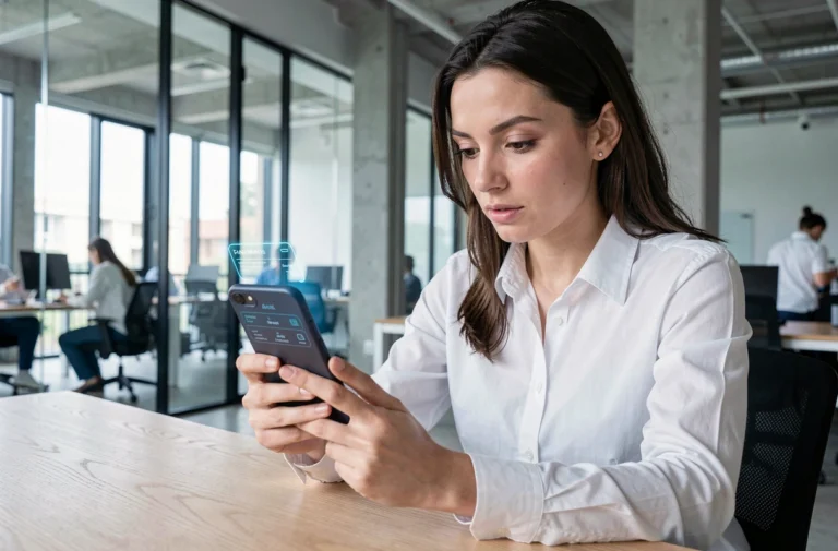 Femme explorant les nouvelles technologies sur un smartphone pliable dans un bureau moderne et minimaliste