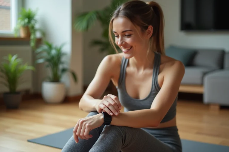 Femme souriante en tenue de sport ajustant son tracker fitness