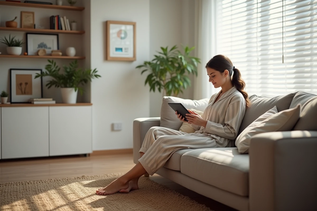Jeune femme utilisant une tablette pour contrôler la maison connectée