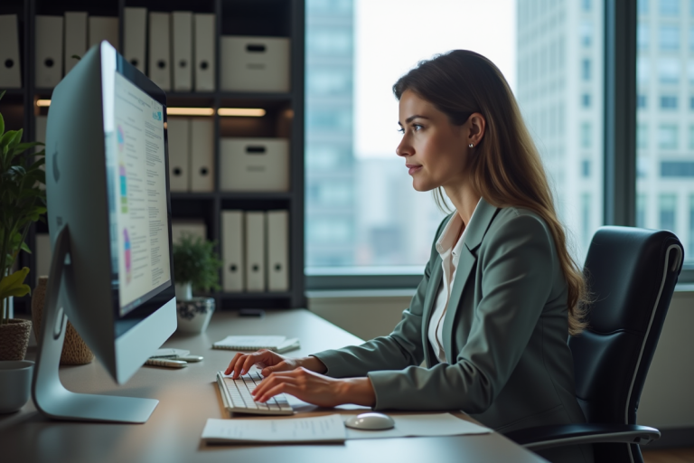 Femme d age moyen au bureau public en train de gérer ses emails