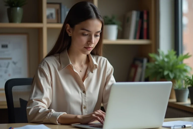 Jeune femme au bureau à domicile travaillant sur son ordinateur