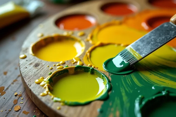 Gros plan sur un mélange de peinture jaune et verte sur une palette en bois avec un couteau de peintre