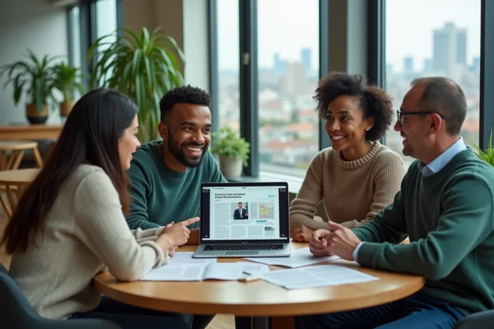 Groupe de personnes discutant de l'actualité indépendante autour d'une table dans un espace de coworking moderne
