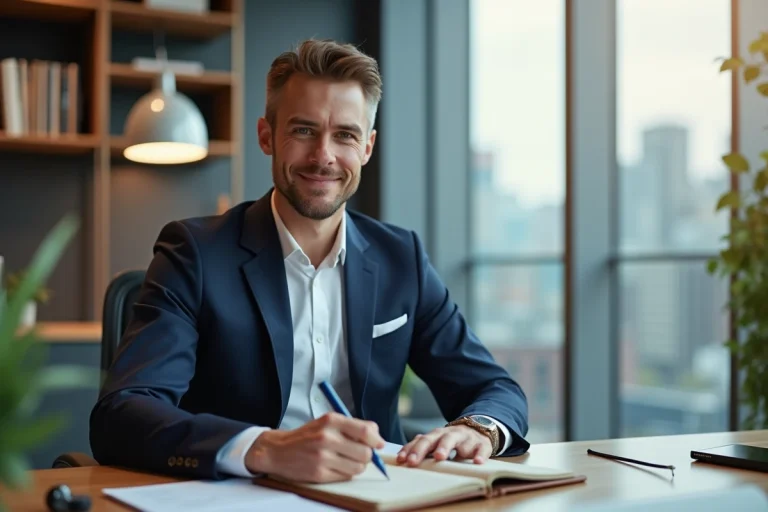 Homme en costume dans un bureau moderne en pleine réflexion