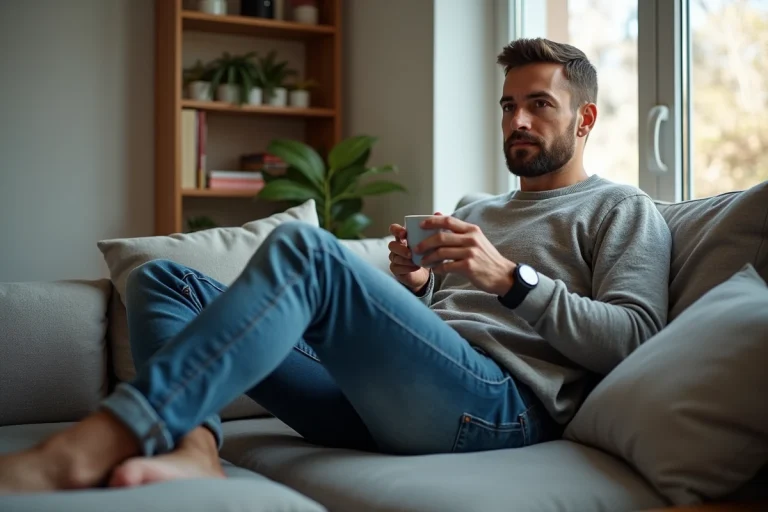 Homme assis avec bracelet électronique dans un salon