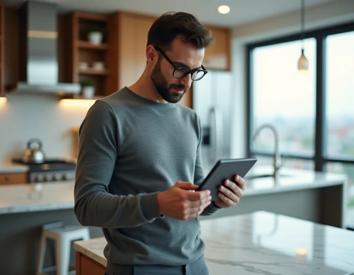 Homme consultant une tablette pour comparer des annuaires de téléchargement fiables depuis sa cuisine