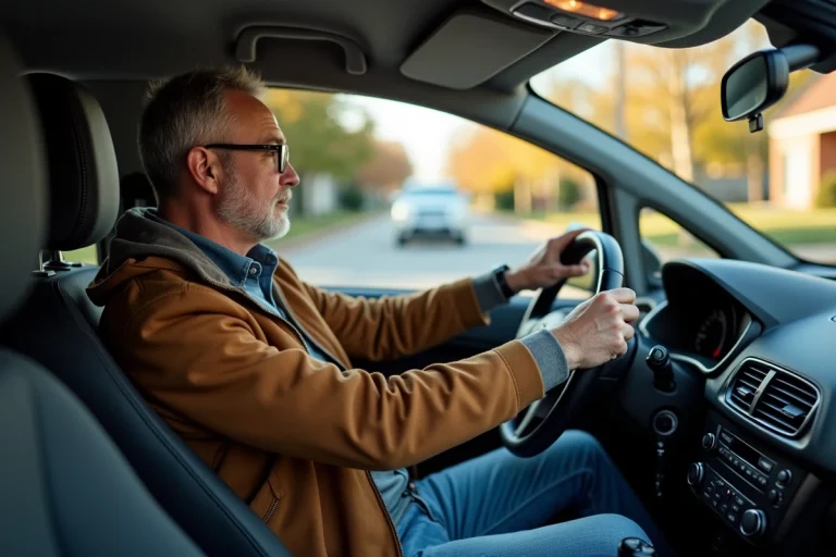 Homme d'âge moyen dans une voiture compacte en automne