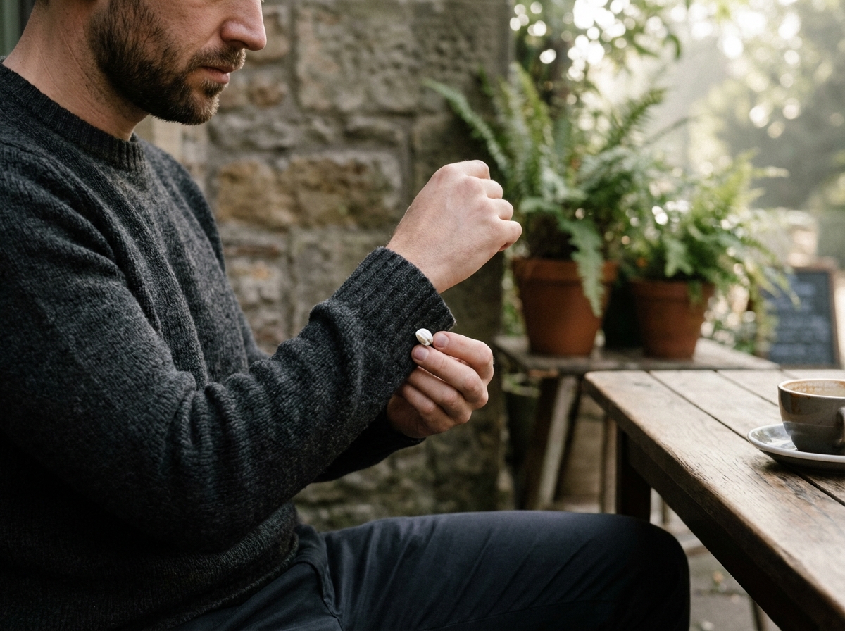 Homme ajustant ses boutons de manchette dans un café en plein air