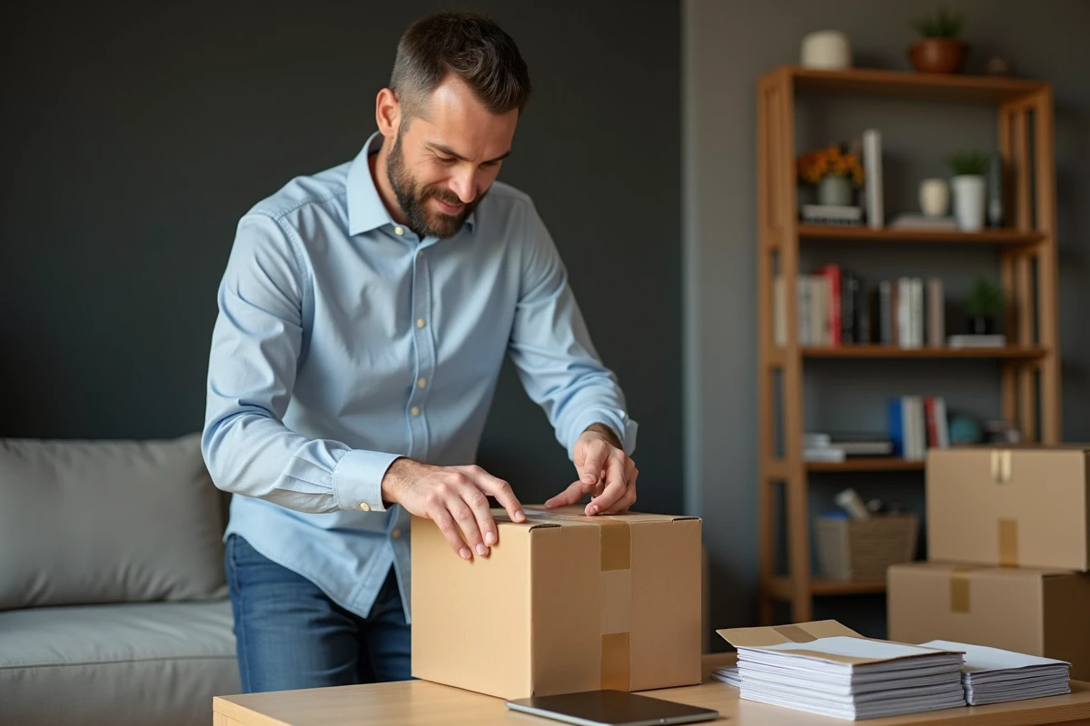 Homme emballant un colis dans un salon moderne