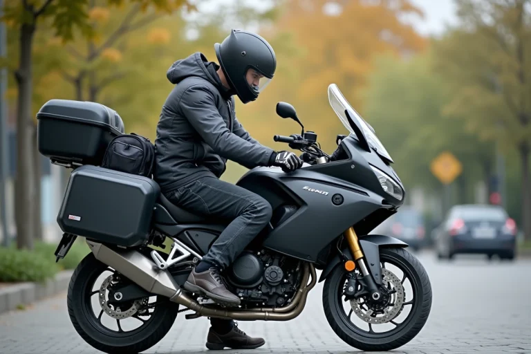 Homme en équipement moto urbaine inspectant ses accessoires