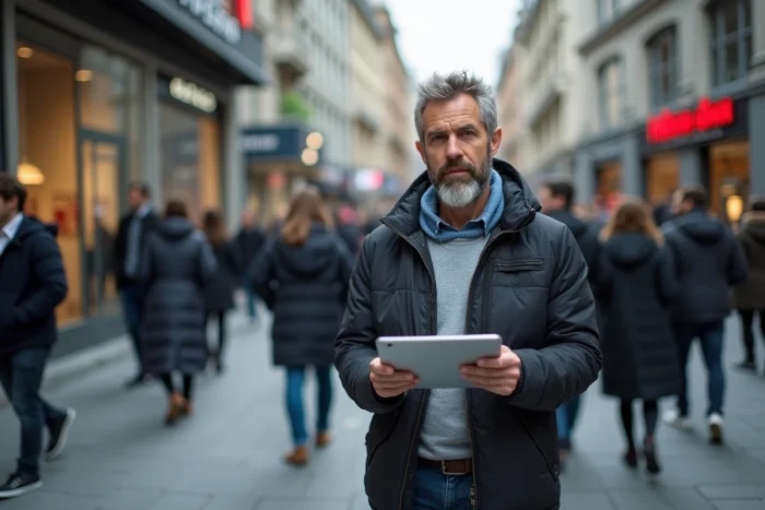 Homme consultant un site d'information indépendant sur une tablette numérique dans une rue animée de la ville