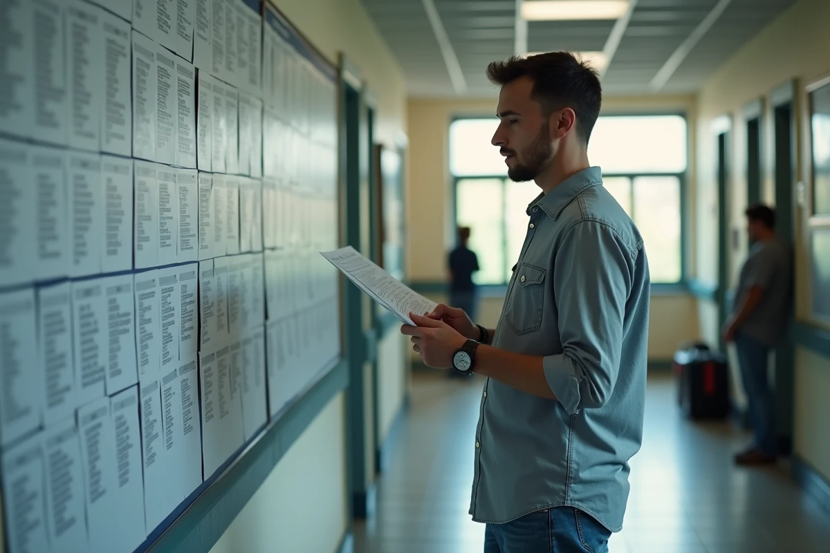 Homme regardant une liste sur un panneau d