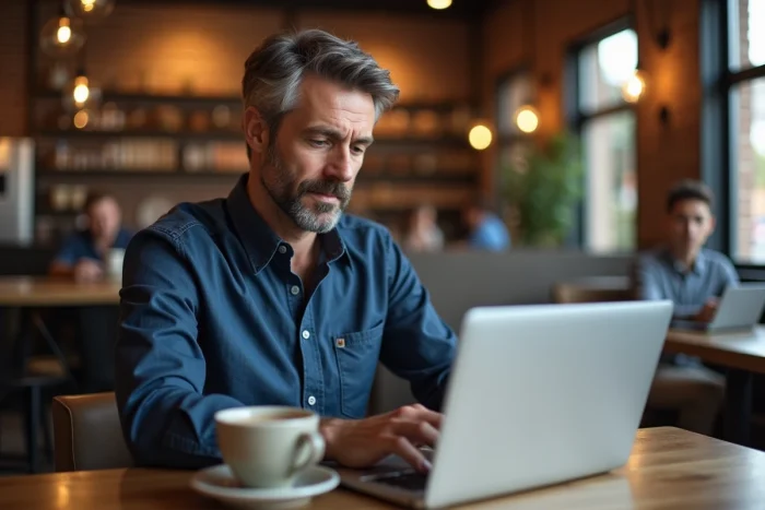 Homme explorant la structure d'un sitemap sur un ordinateur portable dans un café urbain