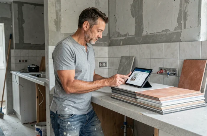 Homme consultant une plateforme de rénovation en ligne sur tablette dans une cuisine en travaux avec des carrelages
