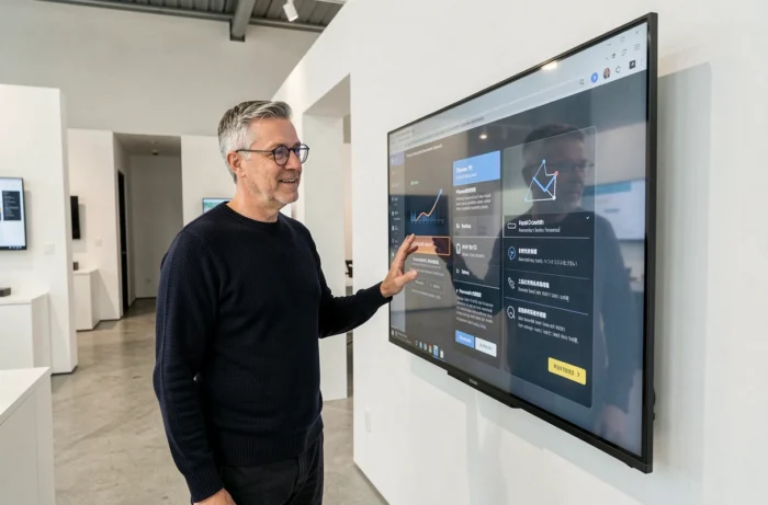 Homme présentant les fonctionnalités d'un système numérique unique sur un grand écran tactile interactif