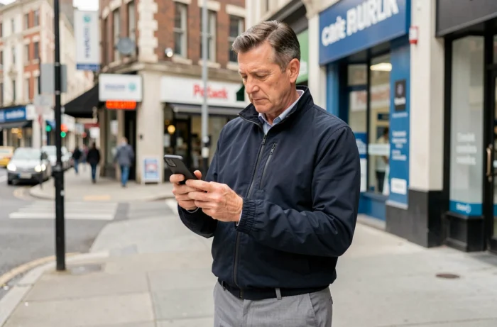 Homme consultant son téléphone dans la rue pour trouver un médecin disponible près de chez lui