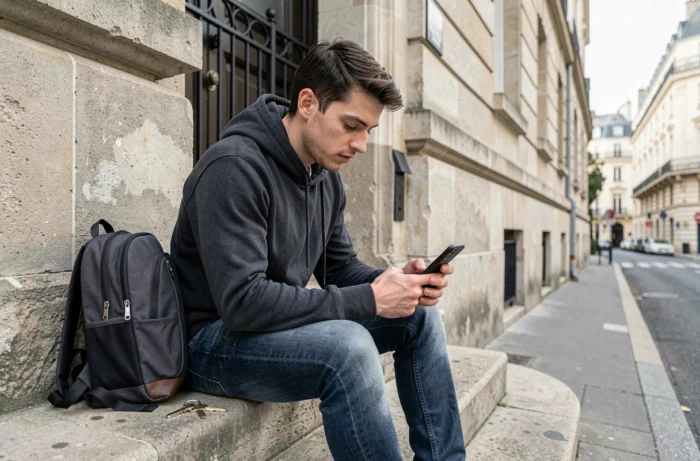 Jeune homme cherchant un serrurier sur son téléphone après avoir perdu ses clés