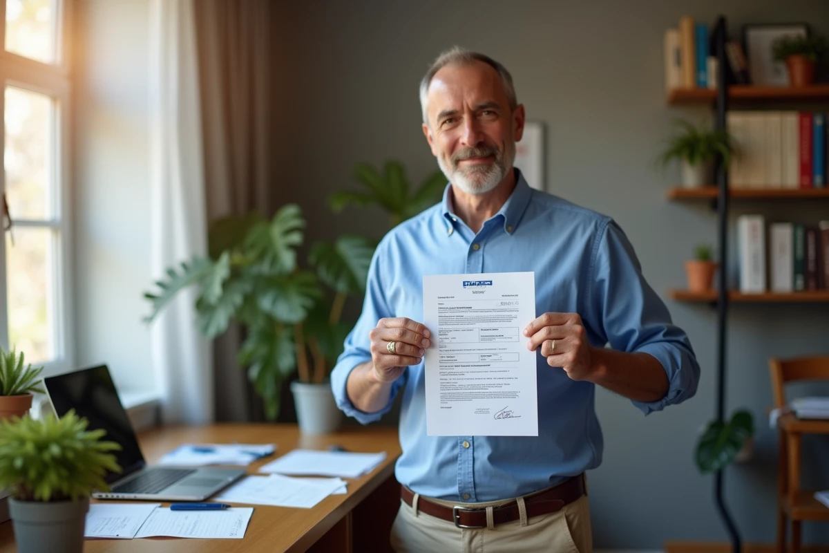 Homme souriant tenant un document officiel dans un bureau à domicile