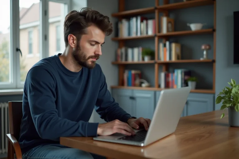 Homme en sweat bleu regarde un site de sport sur son laptop