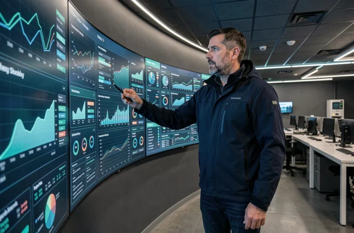Homme analysant des tableaux de bord technologiques sur un mur d'écrans incurvés dans un laboratoire d'innovation