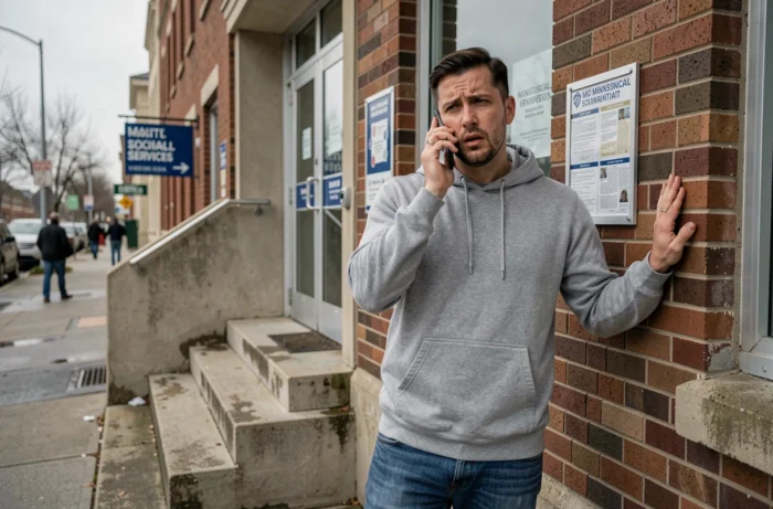Un homme en sweat-shirt gris téléphonant devant l'entrée d'un centre d'action sociale pour contacter une assistante sociale en urgence
