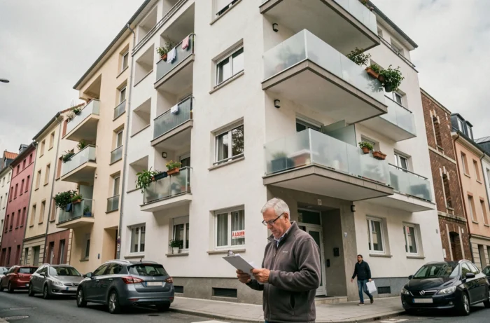 Immeuble résidentiel locatif en milieu urbain avec gestionnaire immobilier inspectant les lieux depuis la rue