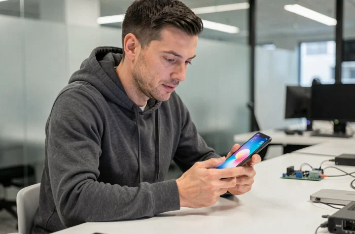 Ingénieur logiciel examinant un smartphone pliable innovant dans un bureau moderne high-tech