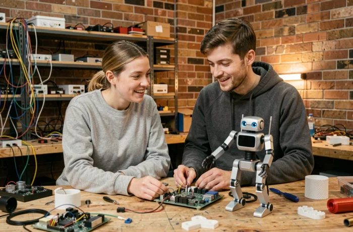 Deux ingénieurs collaborant sur un prototype de robot et des composants électroniques dans un atelier maker moderne