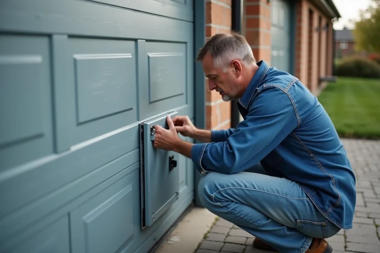 Homme inspectant une porte de garage en extérieur