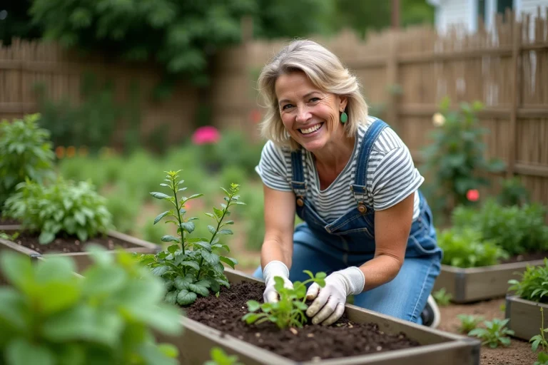 Femme en jardinage plantant des herbes dans un jardin