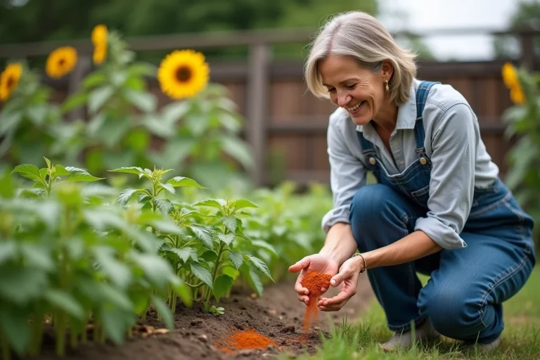 Femme jardinant saupoudrant paprika sur tomates vertes