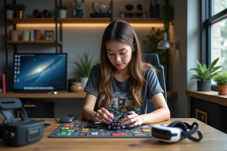 Jeune femme assemble un drone dans un appartement moderne