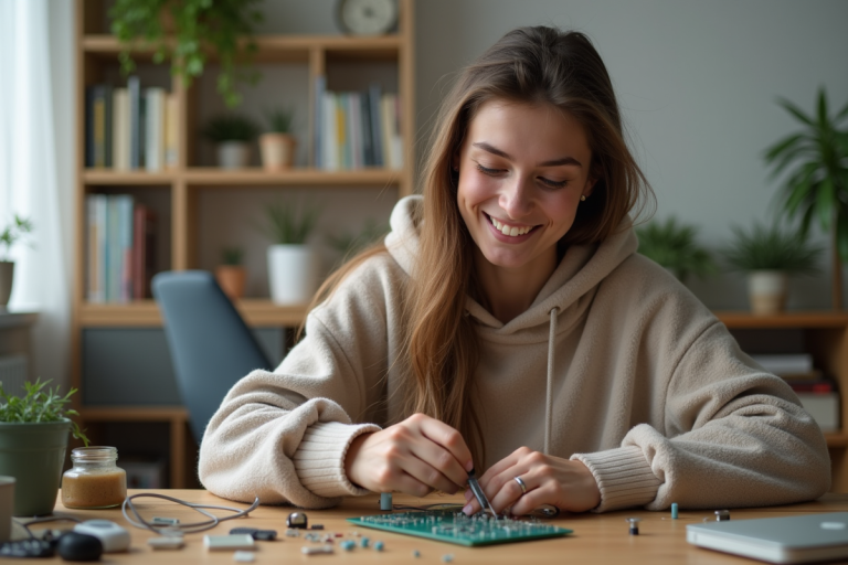 Jeune femme en hoodie solderant un circuit électronique