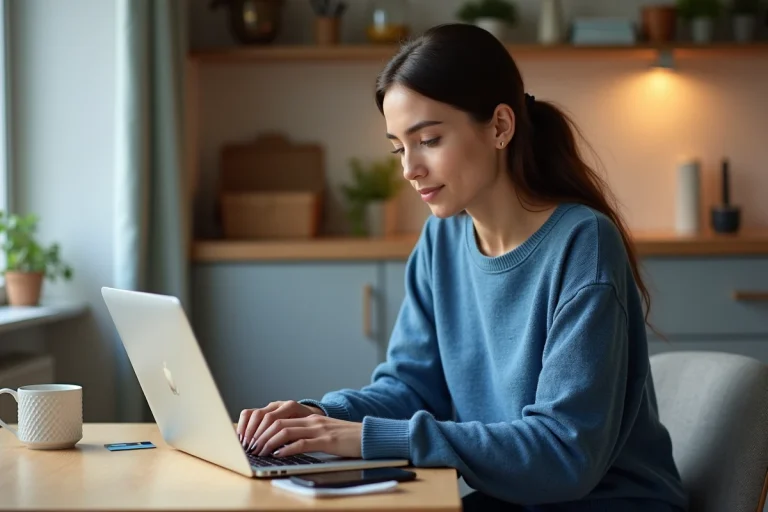 Jeune femme en intérieur utilisant un ordinateur portable dans un appartement français