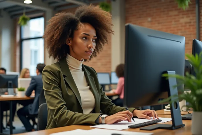 Jeune femme professionnelle concentrée à son poste de travail dans un open space moderne, illustrant l'évolution de carrière féminine