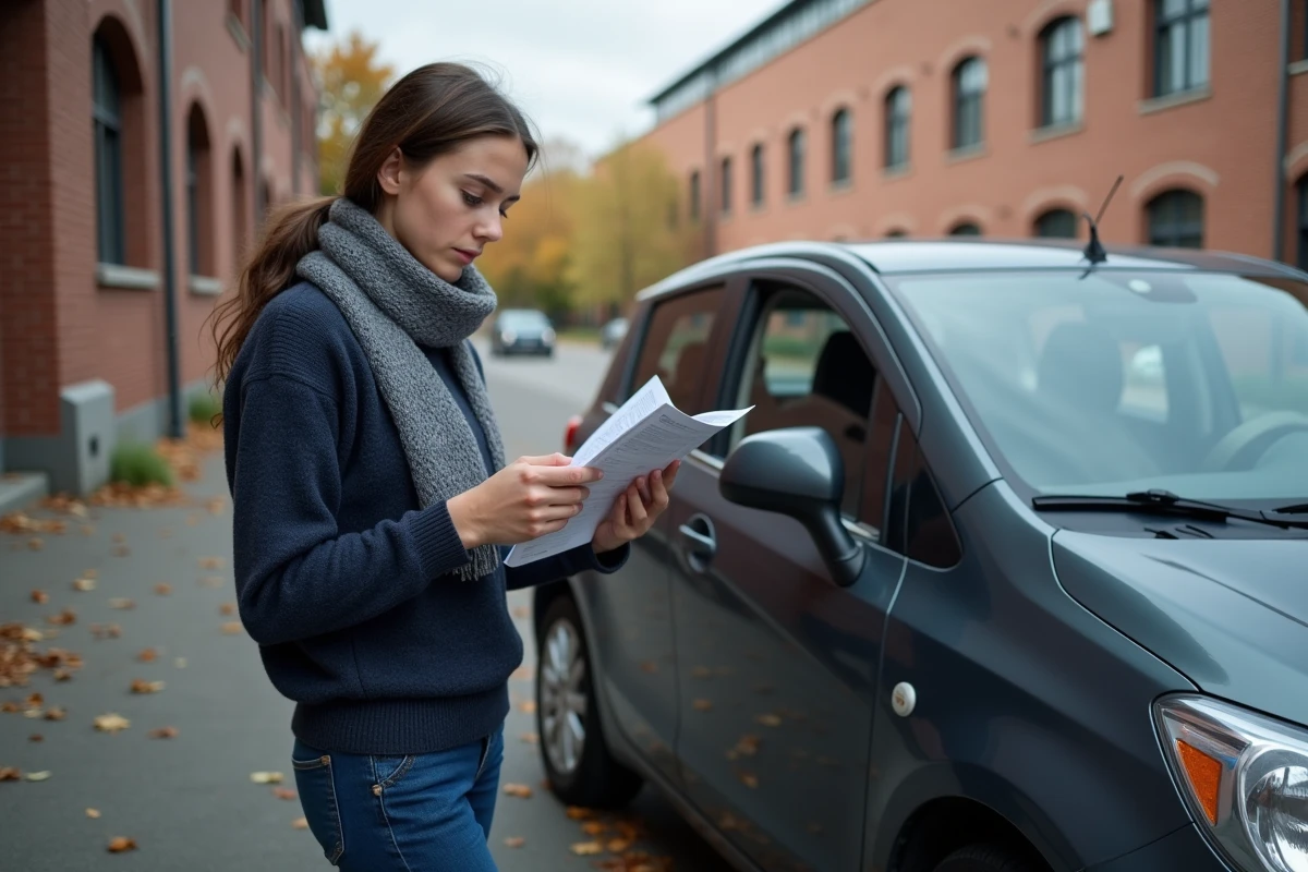 Jeune femme lit un manuel dans une voiture en ville