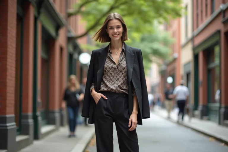 Jeune femme mode urbaine en blazer et pantalon large