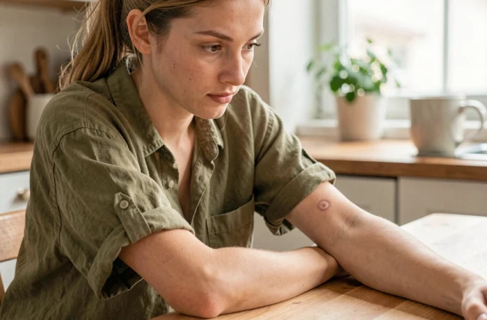 Jeune femme observant avec curiosité la marque du vaccin BCG laissée sur son bras dans un cadre domestique