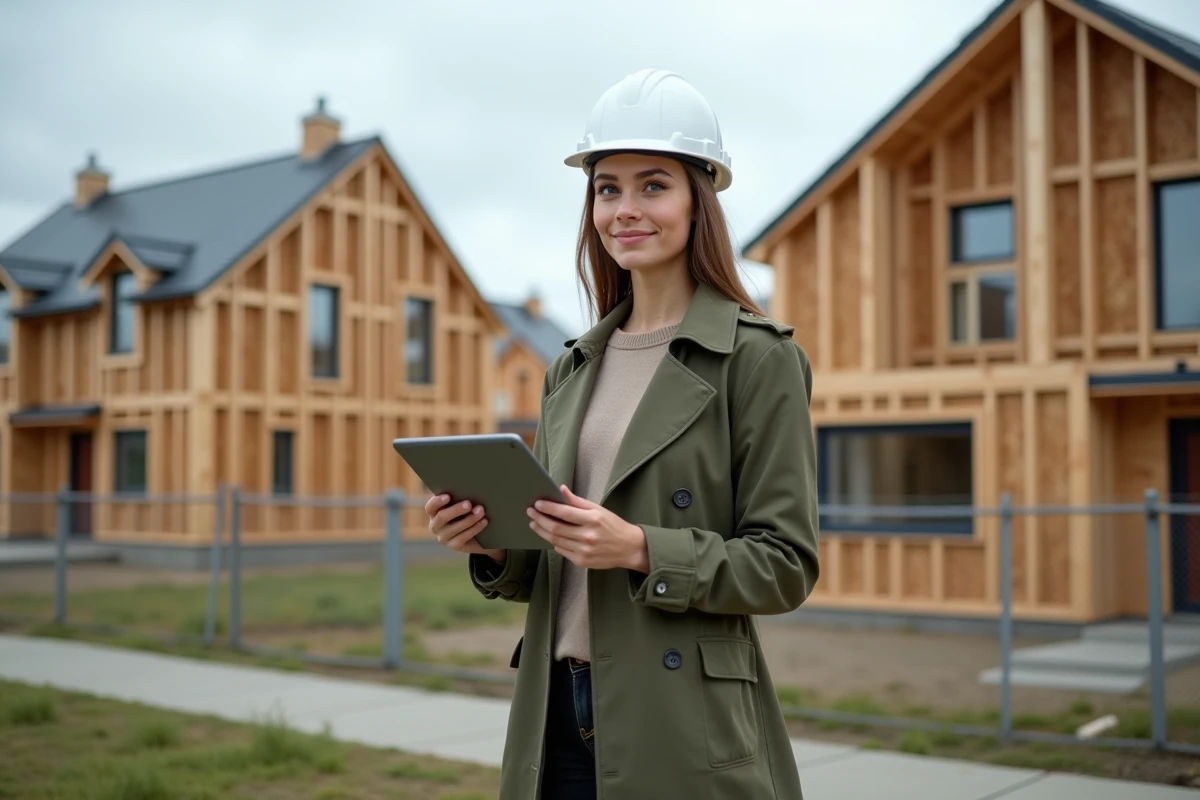 Jeune femme avec tablette surveillant un chantier de construction