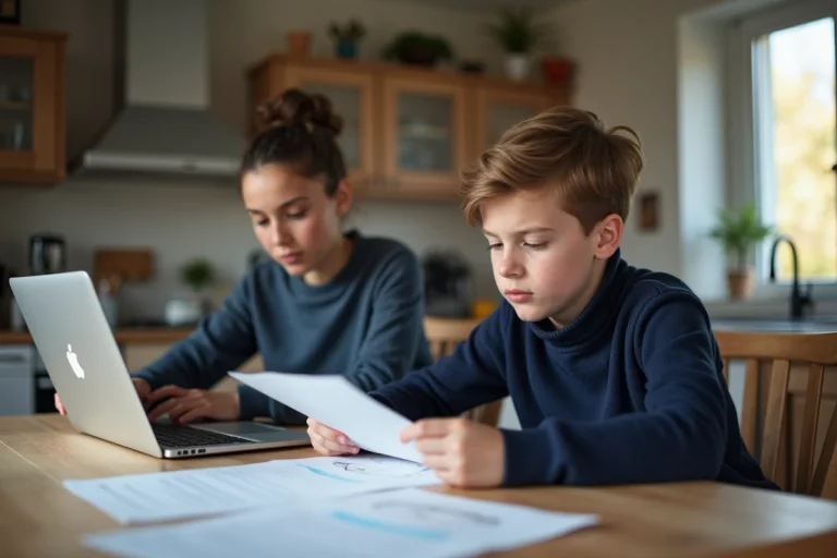 Jeune garçon français de 14 ans avec sa mère à la cuisine